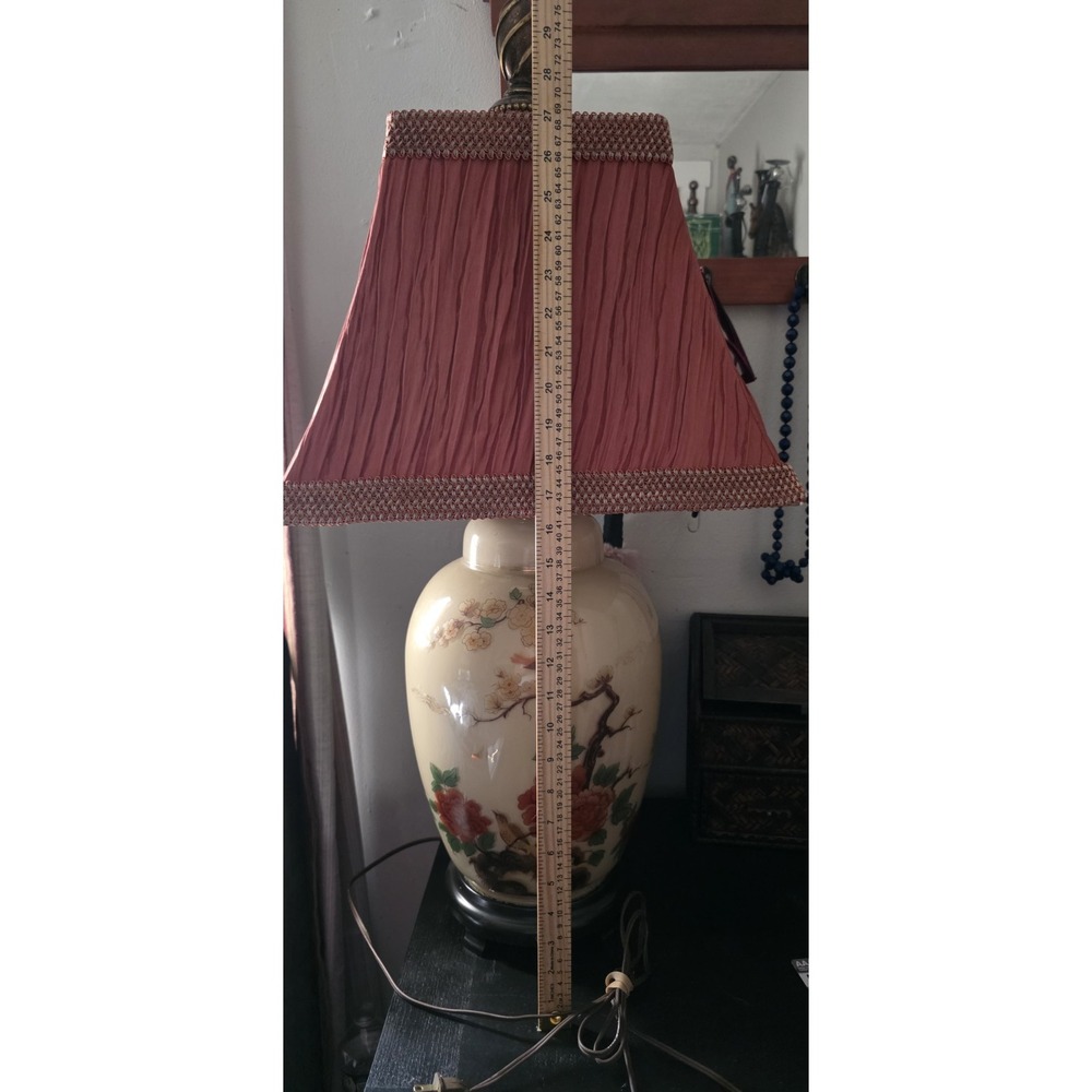 Vtg Asian Hand painted Glass Birds & Flowers Ginger Jar Table Lamp 30" - Picture 6 of 8